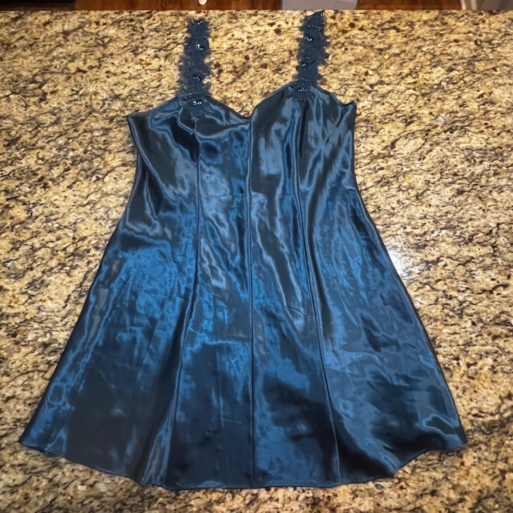 Angelique‎ Teal Blue Satin Chemise Nightgown Beaded Lace Straps Medium